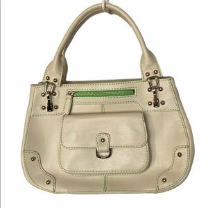 Rafe Structured Top Handle off white leather satchel with lime green stripe